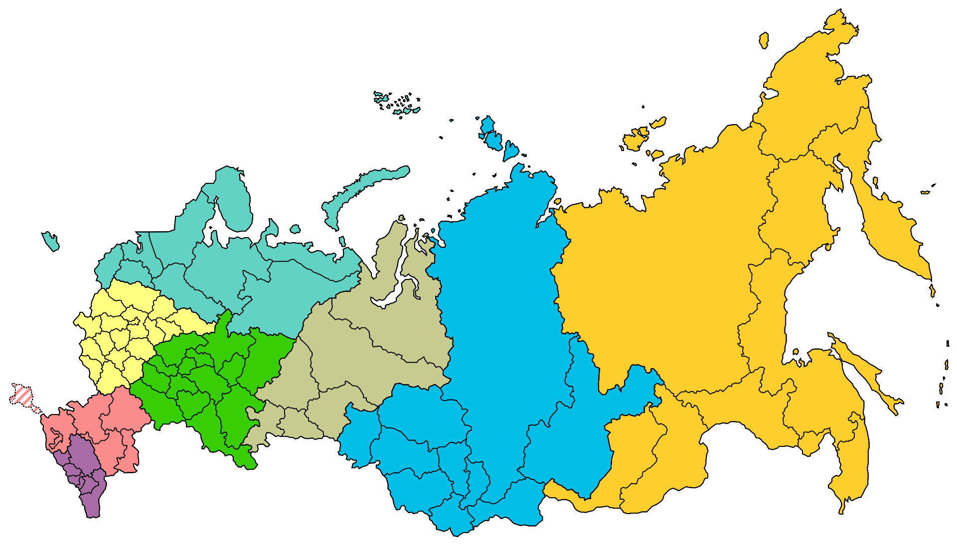 Map of Russian federal districts, as of 2018-11-04 (Crimea shown as disputed part of the Southern FD